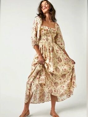 Free People Oasis Floral Printed Midi Dress in Ivory